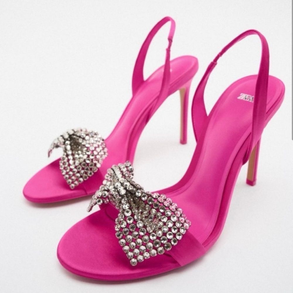 Zara Fushia Slingback Heels with Rhinestone Bow Size 6.5 NIB